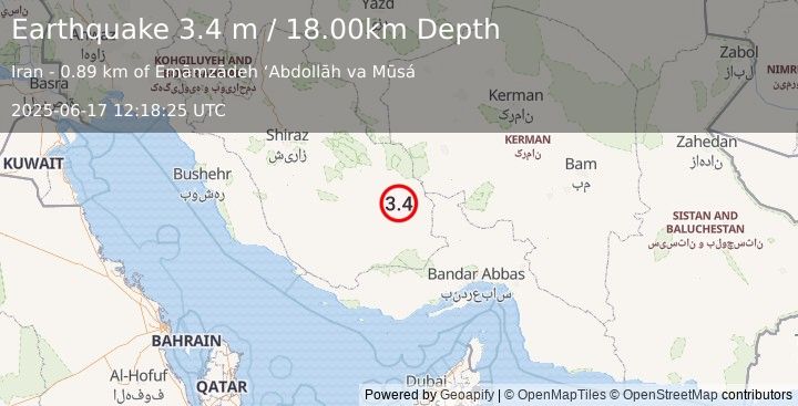 Earthquake SOUTHERN IRAN (3.4 m) (2025-06-17 12:18:25 UTC)