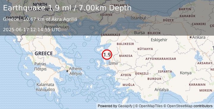Earthquake NEAR THE COAST OF WESTERN TURKEY (1.9 ml) (2025-06-17 12:14:55 UTC)