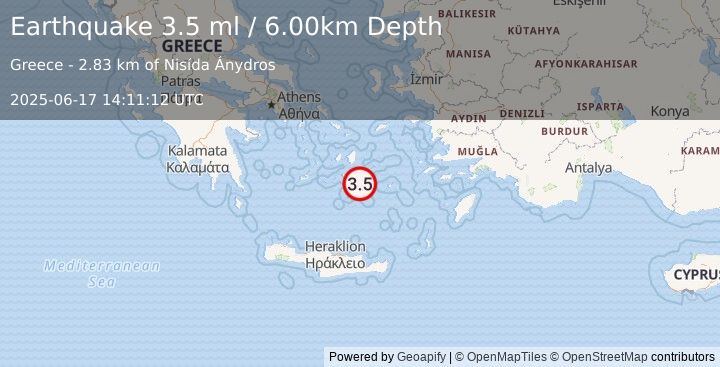 Earthquake DODECANESE ISLANDS, GREECE (3.5 ml) (2025-06-17 14:11:12 UTC)