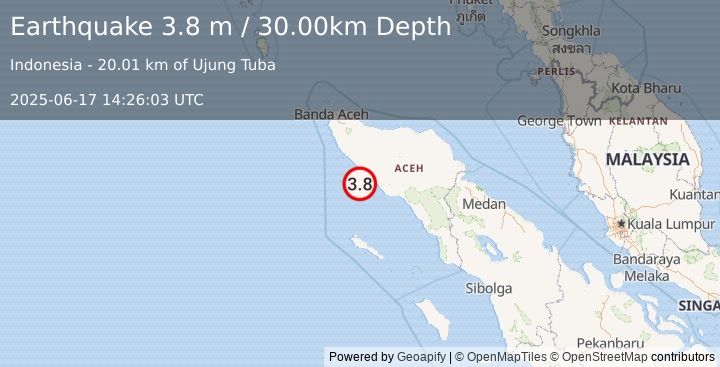Earthquake NORTHERN SUMATRA, INDONESIA (3.8 m) (2025-06-17 14:26:03 UTC)