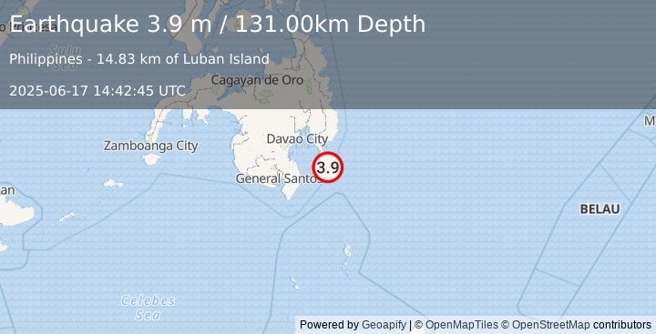 Earthquake MINDANAO, PHILIPPINES (3.9 m) (2025-06-17 14:42:45 UTC)
