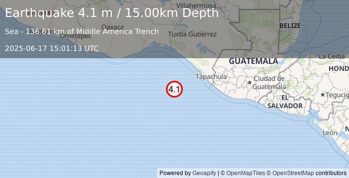 Earthquake OFF COAST OF CHIAPAS, MEXICO (4.1 m) (2025-06-17 15:01:13 UTC)