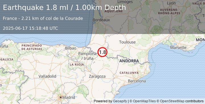 Earthquake PYRENEES (1.8 ml) (2025-06-17 15:18:48 UTC)