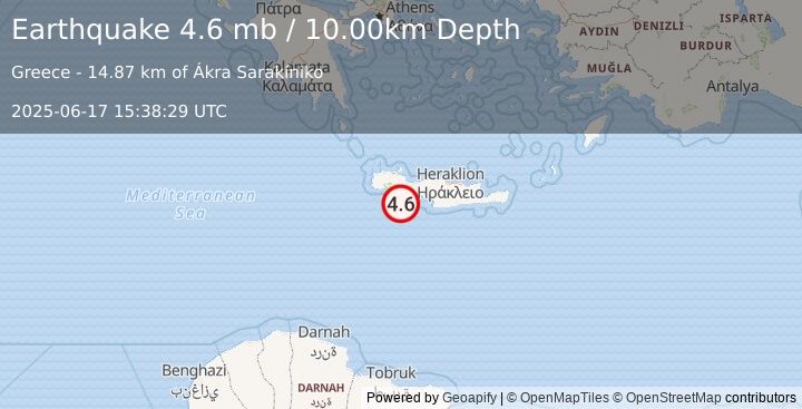 Earthquake CRETE, GREECE (4.6 mb) (2025-06-17 15:38:29 UTC)