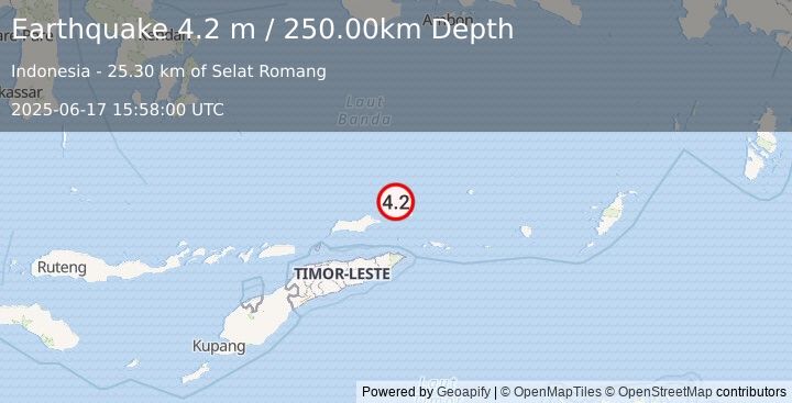 Earthquake KEPULAUAN BARAT DAYA, INDONESIA (4.2 m) (2025-06-17 15:58:00 UTC)