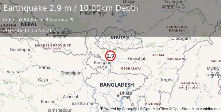 Earthquake INDIA-BANGLADESH BORDER REGION (2.9 m) (2025-06-17 15:53:21 UTC)
