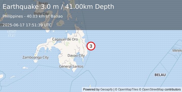Earthquake MINDANAO, PHILIPPINES (3.0 m) (2025-06-17 17:51:39 UTC)