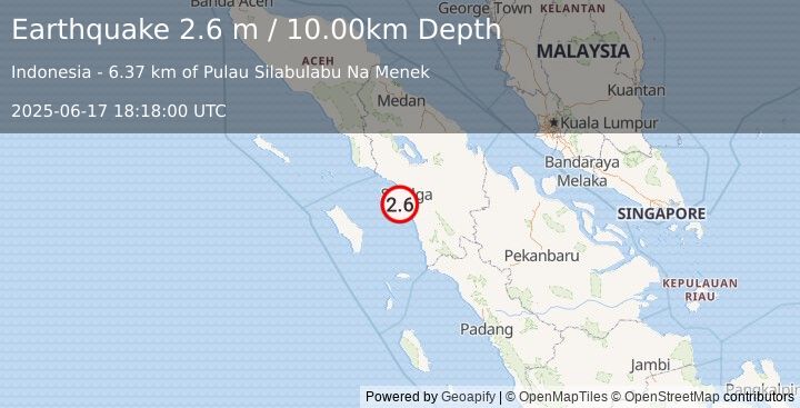 Earthquake NORTHERN SUMATRA, INDONESIA (2.6 m) (2025-06-17 18:18:00 UTC)