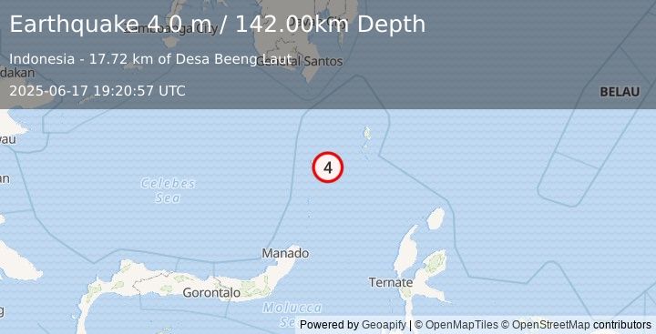 Earthquake KEPULAUAN SANGIHE, INDONESIA (4.0 m) (2025-06-17 19:20:57 UTC)