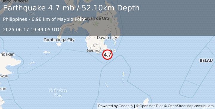 Earthquake MINDANAO, PHILIPPINES (4.7 mb) (2025-06-17 19:49:05 UTC)