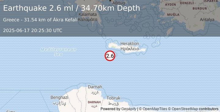 Earthquake CRETE, GREECE (2.6 ml) (2025-06-17 20:25:30 UTC)