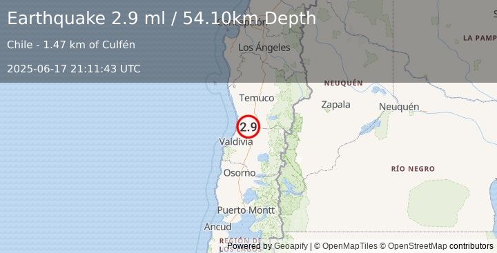 Earthquake LOS LAGOS, CHILE (2.9 ml) (2025-06-17 21:11:43 UTC)