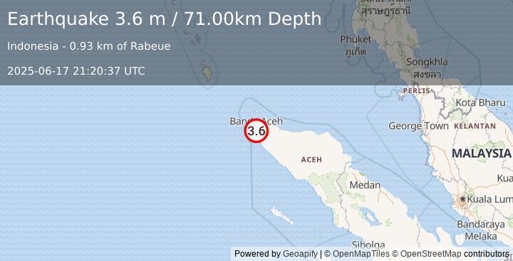 Earthquake NORTHERN SUMATRA, INDONESIA (3.6 m) (2025-06-17 21:20:37 UTC)