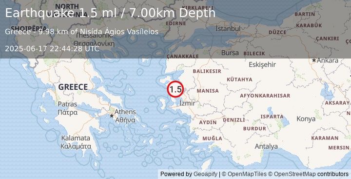 Earthquake NEAR THE COAST OF WESTERN TURKEY (1.5 ml) (2025-06-17 22:44:28 UTC)