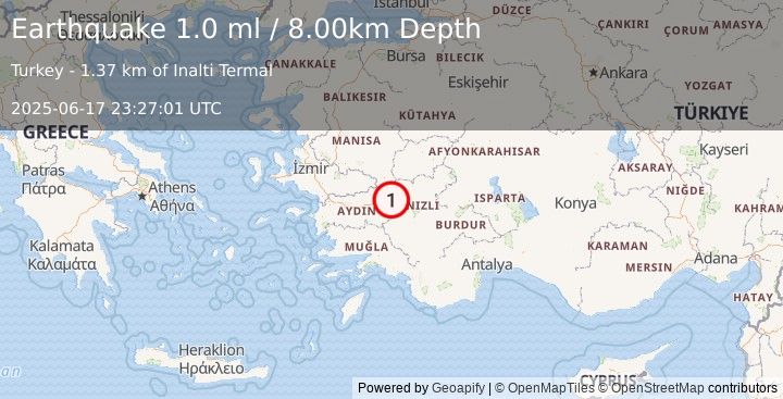 Earthquake WESTERN TURKEY (1.0 ml) (2025-06-17 23:27:01 UTC)