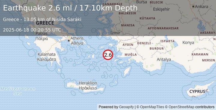 Earthquake DODECANESE ISLANDS, GREECE (2.6 ml) (2025-06-18 00:20:55 UTC)