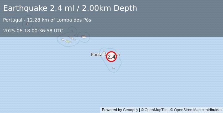 Earthquake AZORES ISLANDS, PORTUGAL (2.4 ml) (2025-06-18 00:36:58 UTC)