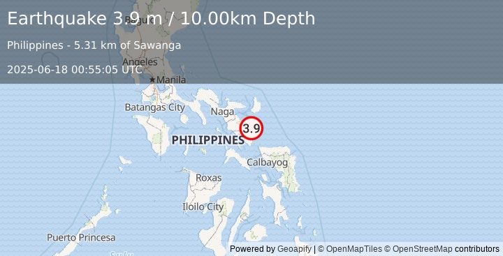 Earthquake CATANDUANES, PHILIPPINES (3.9 m) (2025-06-18 00:55:05 UTC)