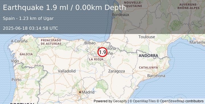Earthquake PYRENEES (1.9 ml) (2025-06-18 03:14:58 UTC)