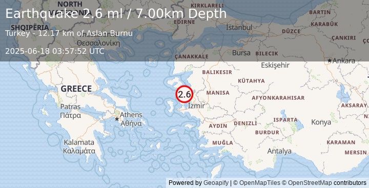 Earthquake NEAR THE COAST OF WESTERN TURKEY (2.6 ml) (2025-06-18 03:57:52 UTC)