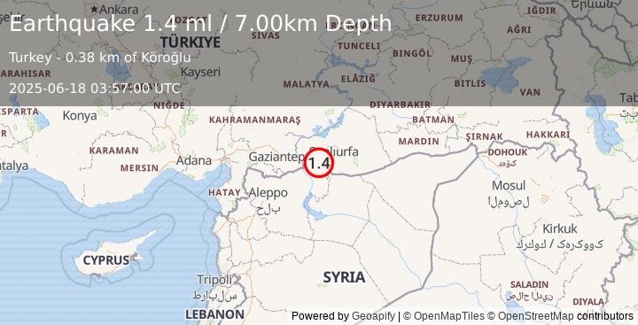 Earthquake TURKEY-SYRIA BORDER REGION (1.4 ml) (2025-06-18 03:57:00 UTC)