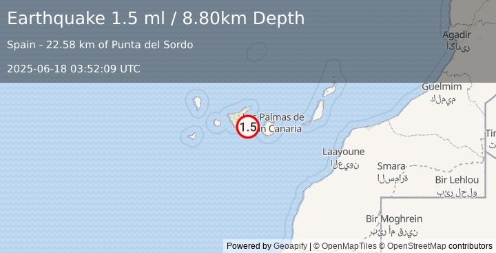 Earthquake CANARY ISLANDS, SPAIN REGION (1.5 ml) (2025-06-18 03:52:09 UTC)