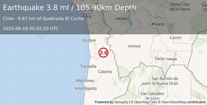 Earthquake TARAPACA, CHILE (3.8 ml) (2025-06-18 05:02:50 UTC)