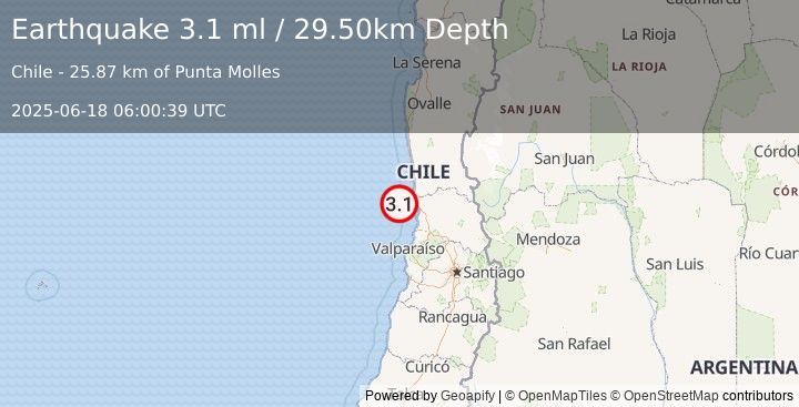 Earthquake OFFSHORE VALPARAISO, CHILE (3.1 ml) (2025-06-18 06:00:39 UTC)