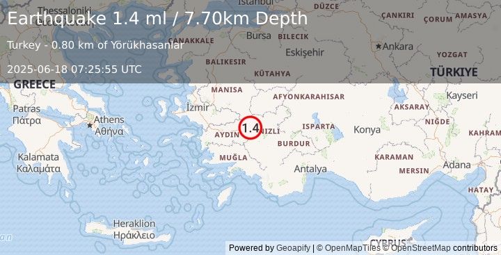 Earthquake WESTERN TURKEY (1.4 ml) (2025-06-18 07:25:55 UTC)