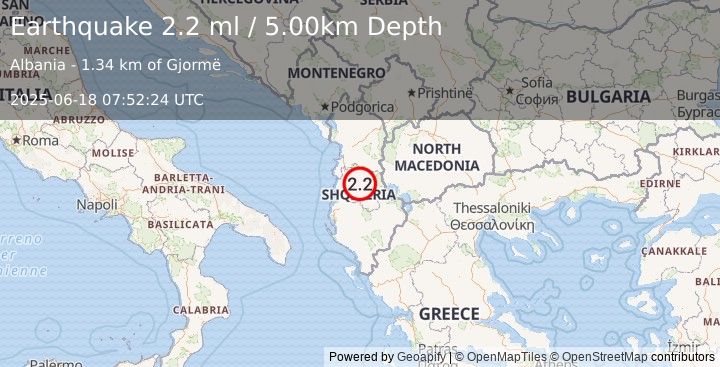 Earthquake ALBANIA (2.2 ml) (2025-06-18 07:52:24 UTC)