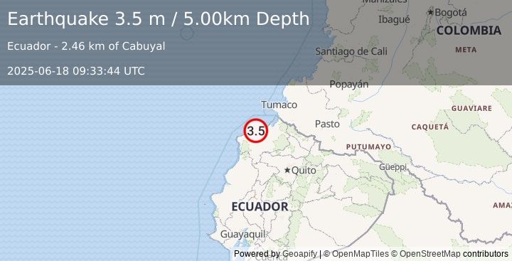 Earthquake NEAR COAST OF ECUADOR (3.5 m) (2025-06-18 09:33:44 UTC)