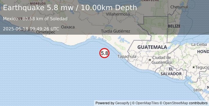 Earthquake OFF COAST OF CHIAPAS, MEXICO (5.8 mw) (2025-06-18 09:49:22 UTC)
