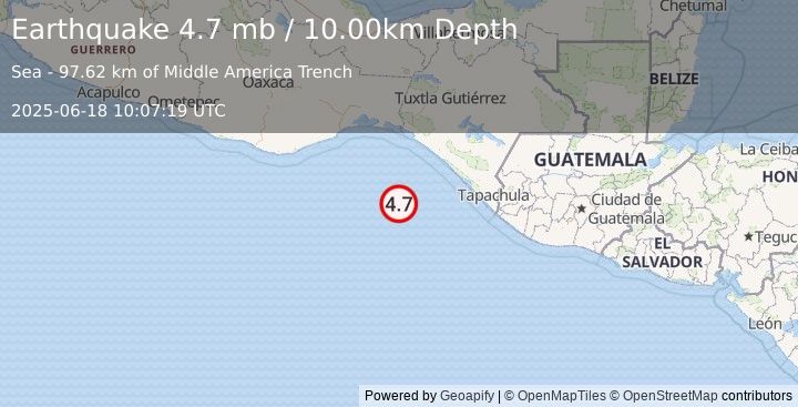 Earthquake OFF COAST OF CHIAPAS, MEXICO (4.7 mb) (2025-06-18 10:07:19 UTC)