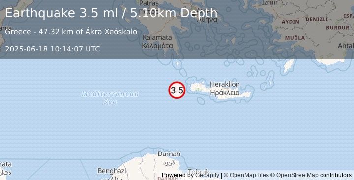 Earthquake CENTRAL MEDITERRANEAN SEA (3.5 ml) (2025-06-18 10:14:07 UTC)