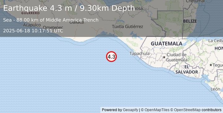 Earthquake OFF COAST OF CHIAPAS, MEXICO (4.3 m) (2025-06-18 10:17:51 UTC)