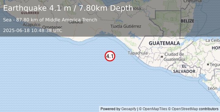 Earthquake OFF COAST OF CHIAPAS, MEXICO (4.1 m) (2025-06-18 10:48:38 UTC)