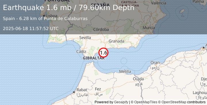 Earthquake STRAIT OF GIBRALTAR (1.6 mb) (2025-06-18 11:57:52 UTC)