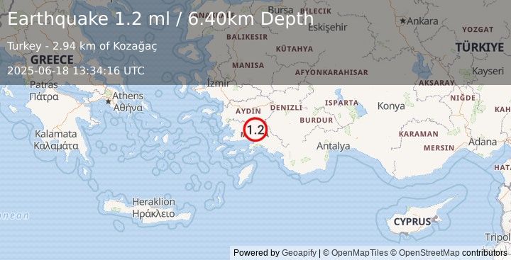 Earthquake WESTERN TURKEY (1.2 ml) (2025-06-18 13:34:16 UTC)