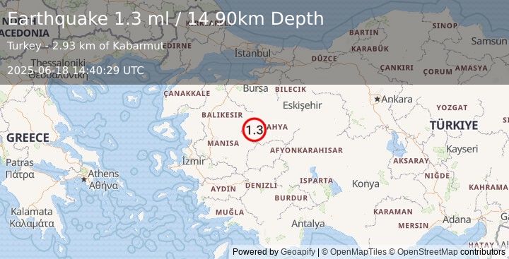 Earthquake WESTERN TURKEY (1.3 ml) (2025-06-18 14:40:29 UTC)