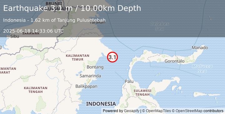 Earthquake KALIMANTAN, INDONESIA (3.1 m) (2025-06-18 14:33:06 UTC)