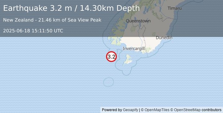 Earthquake OFF W. COAST OF S. ISLAND, N.Z. (3.2 m) (2025-06-18 15:11:50 UTC)