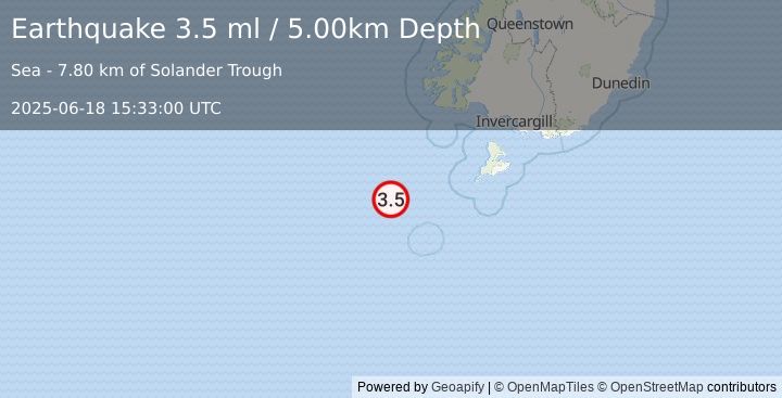 Earthquake OFF W. COAST OF S. ISLAND, N.Z. (3.5 ml) (2025-06-18 15:33:00 UTC)