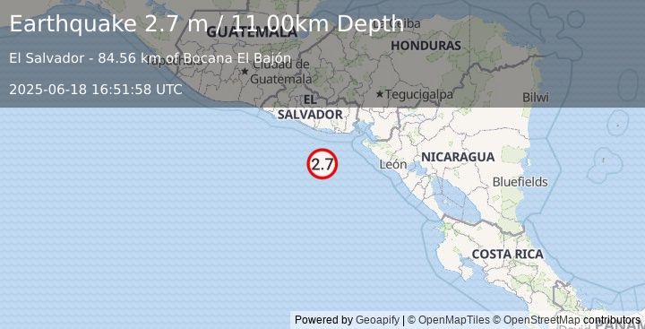 Earthquake OFFSHORE EL SALVADOR (2.7 m) (2025-06-18 16:51:58 UTC)