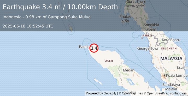 Earthquake NORTHERN SUMATRA, INDONESIA (3.4 m) (2025-06-18 16:52:45 UTC)
