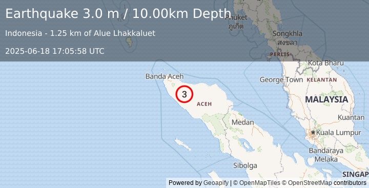 Earthquake NORTHERN SUMATRA, INDONESIA (3.0 m) (2025-06-18 17:05:58 UTC)