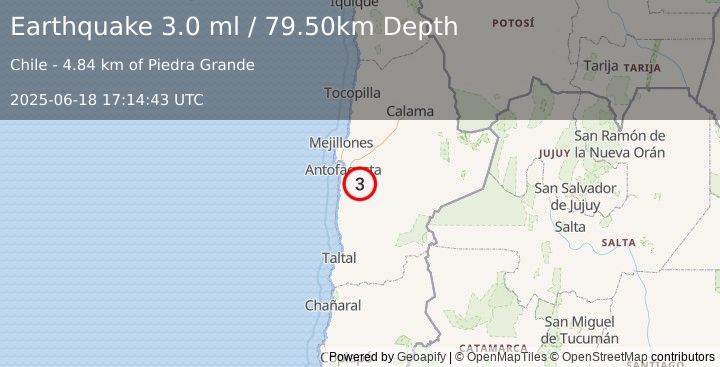 Earthquake ANTOFAGASTA, CHILE (3.0 ml) (2025-06-18 17:14:43 UTC)