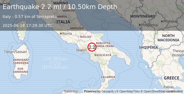 Earthquake SOUTHERN ITALY (2.2 ml) (2025-06-18 17:29:30 UTC)