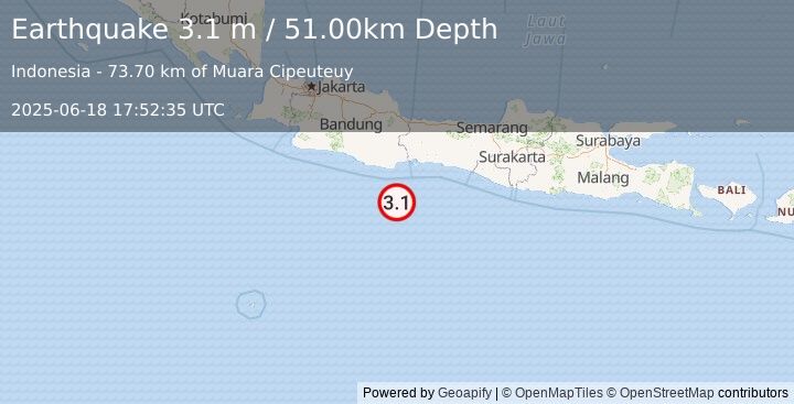 Earthquake JAVA, INDONESIA (3.1 m) (2025-06-18 17:52:35 UTC)
