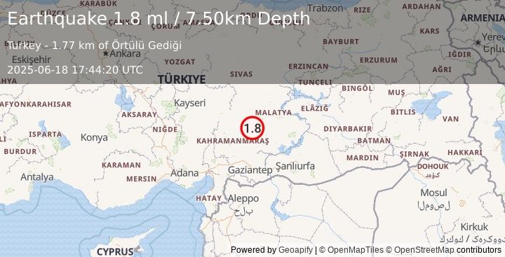 Earthquake CENTRAL TURKEY (1.8 ml) (2025-06-18 17:44:20 UTC)