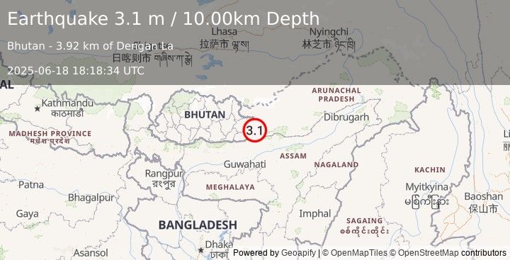 Earthquake ARUNACHAL PRADESH, INDIA (3.1 m) (2025-06-18 18:18:34 UTC)